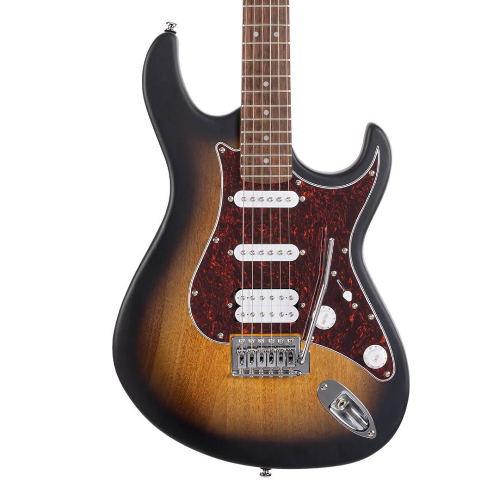 Gitara elektryczna z brązowym korpusem, białymi przetwornikami i płytką w stylu żółwim.