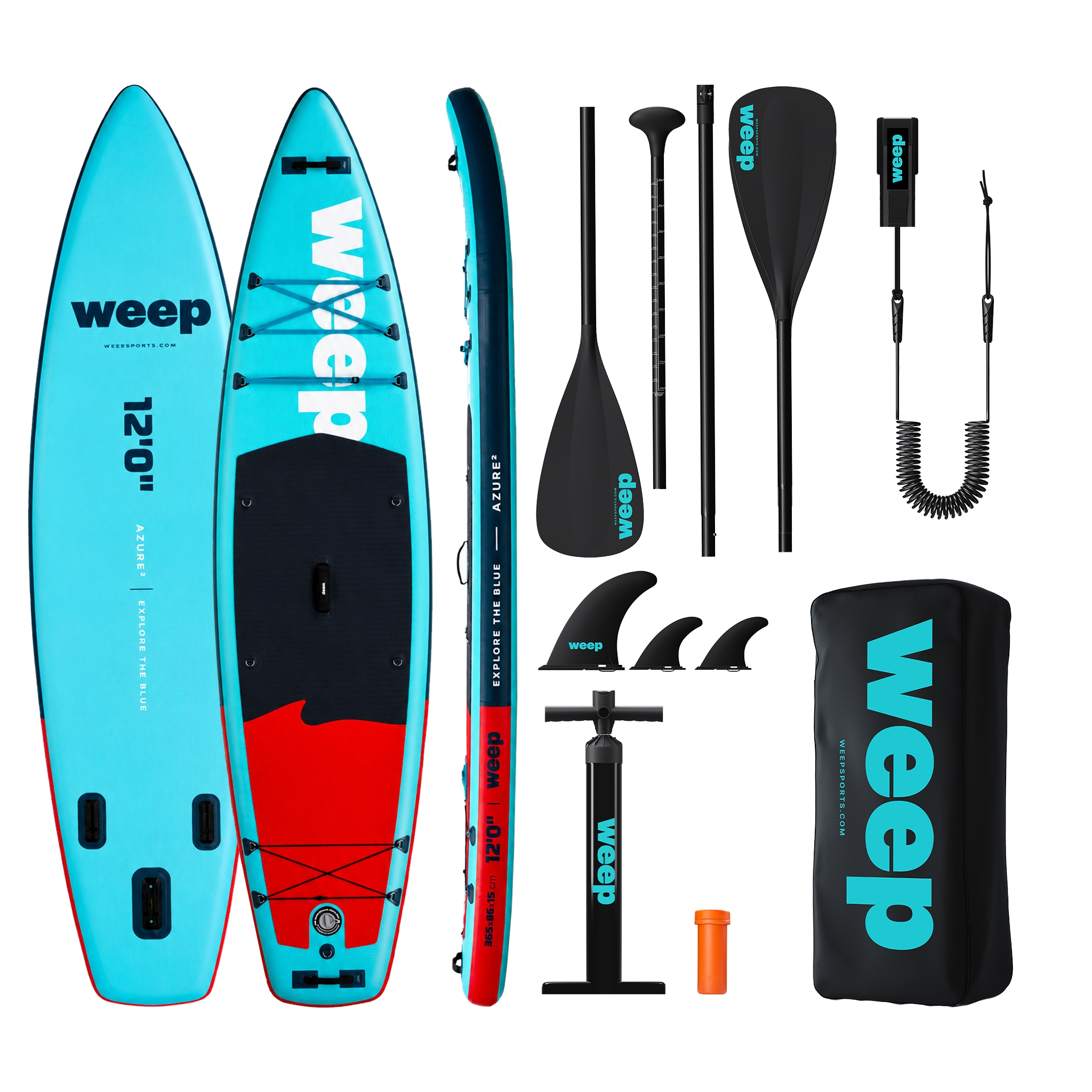 Aufblasbares SUP-Set mit Paddeln, Pumpe, Flossen, Leine und Tasche in Blau/Rot.