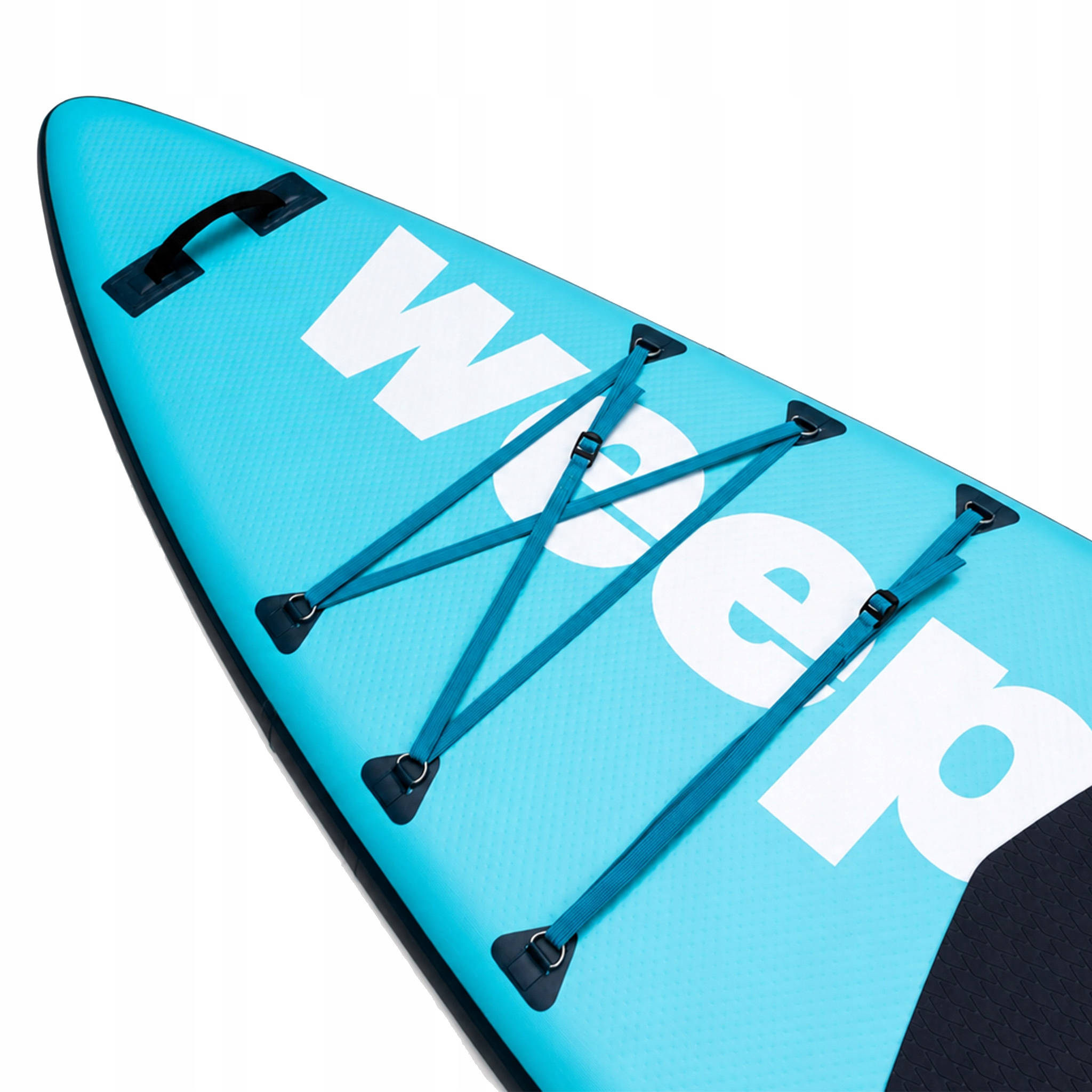 Blaues Paddleboard mit weißen Buchstaben und Seilen.