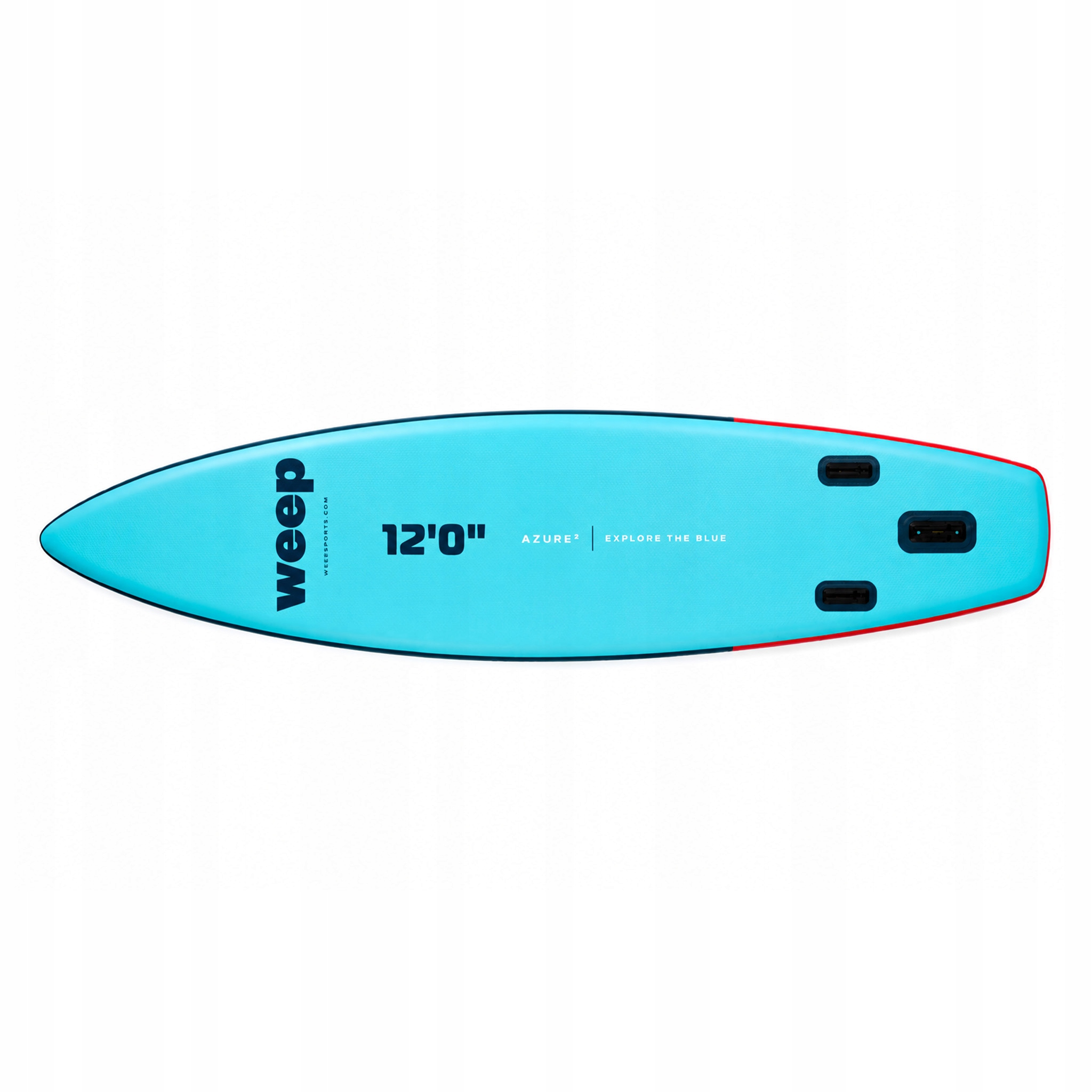 Blaue 12 Fuß lange Paddleboard mit rotem Rand und Griffen.