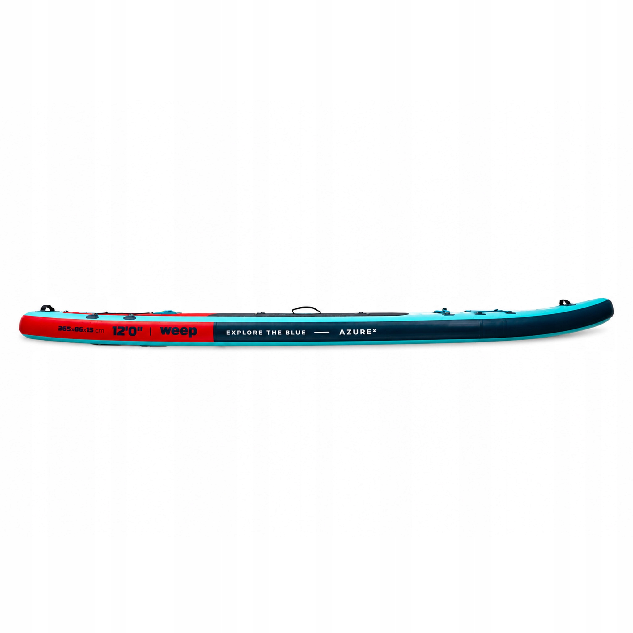 Ein blaues und rotes aufblasbares Stand-Up-Paddleboard mit Griffen und Aufdruck.