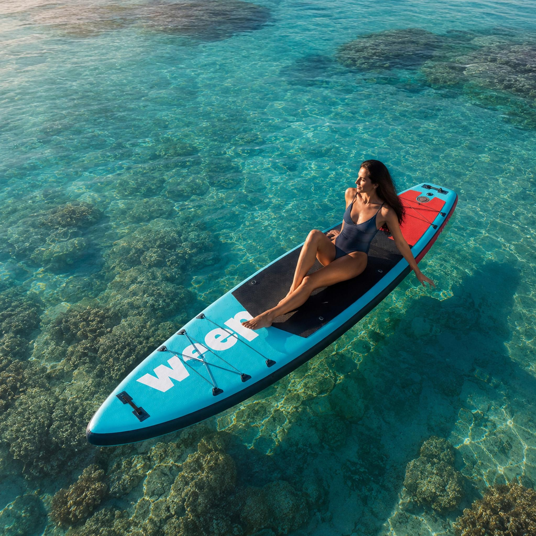 Eine Frau auf einem SUP-Board im kristallklaren Wasser über Korallen.