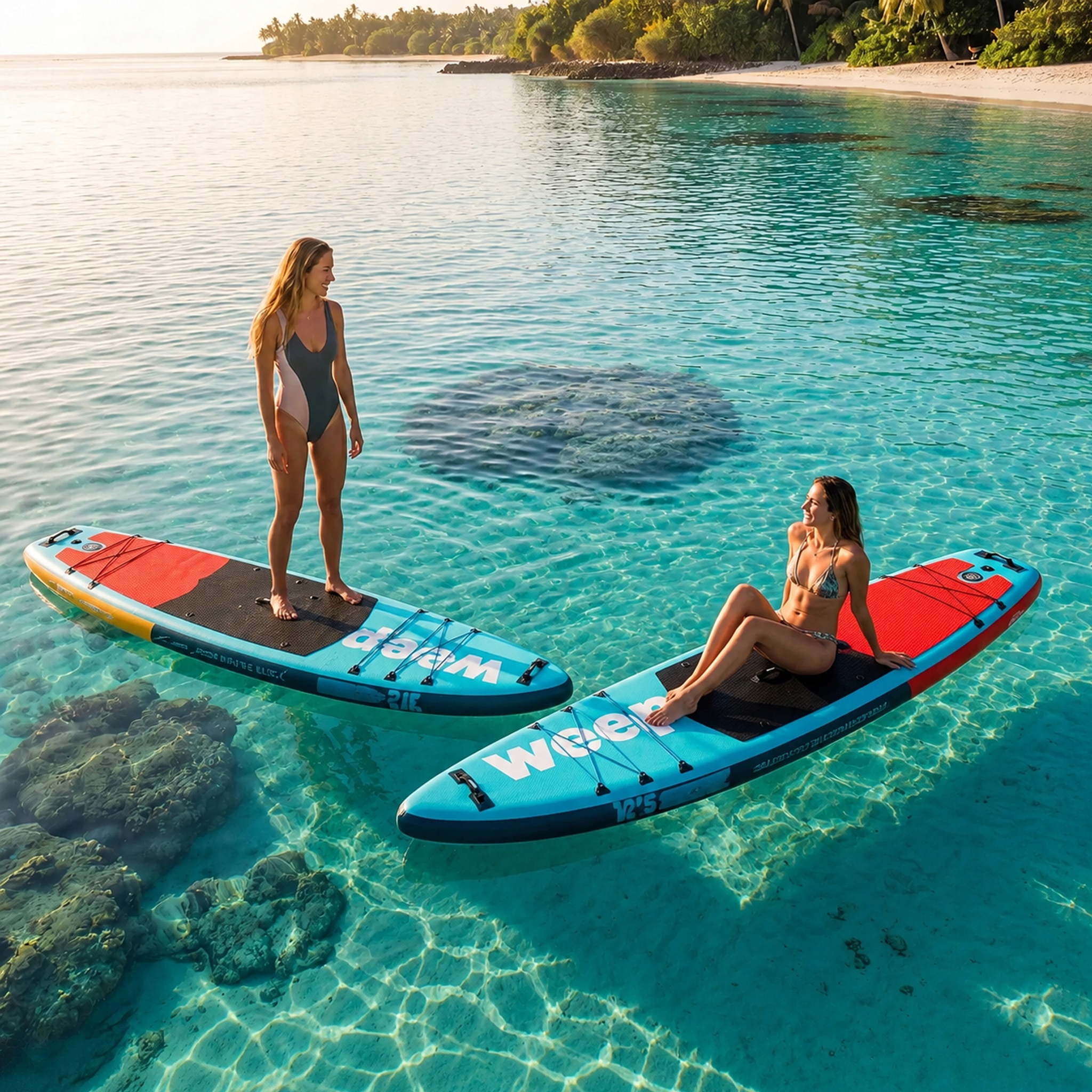 Zwei Frauen auf Paddleboards im türkisfarbenen Wasser, tropischer Strand im Hintergrund.