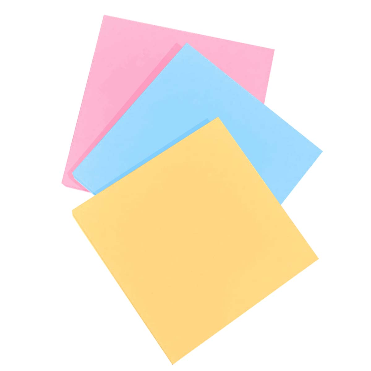 Drei bunte Haftnotizen: Gelb, Hellblau und Rosa, überlappend auf weißem Hintergrund.
