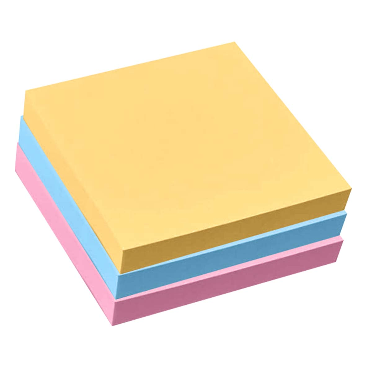 Ein Stapel Haftnotizen in Gelb, Hellblau und Rosa, auf weißem Hintergrund.