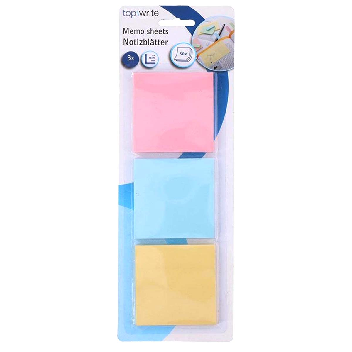 Verpackung mit drei Notizblöcken in Rosa, Hellblau und Gelb.
