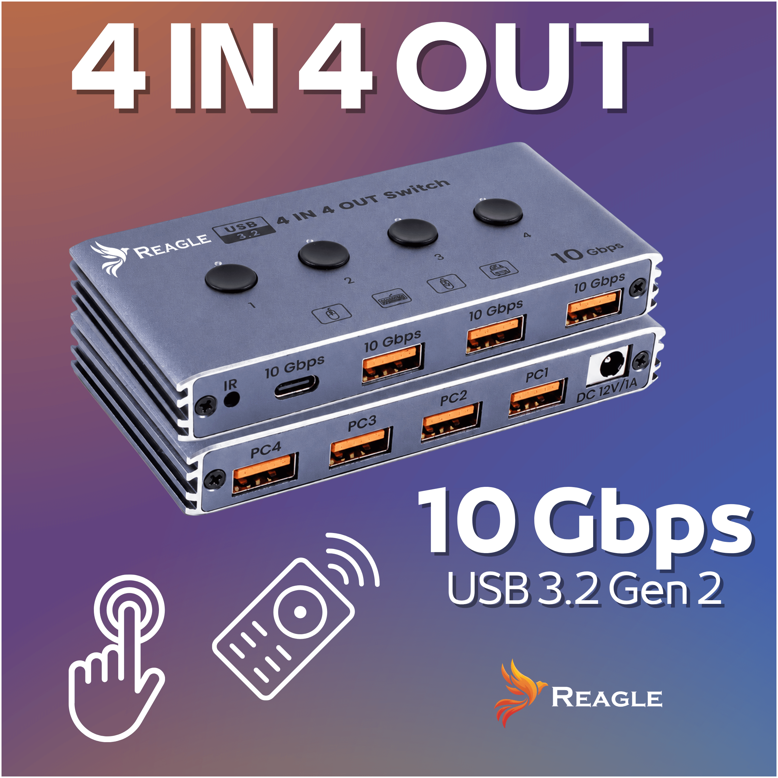 Reagle 4-in-4-out USB 3.2 Gen 2 Switch mit 10 Gbit/s Ports.