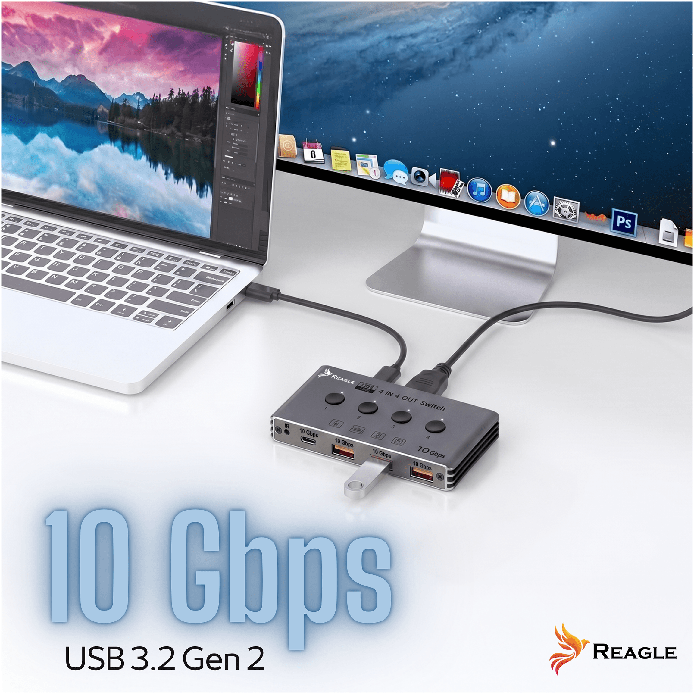 Ein Laptop und ein Monitor sind mit einem USB-Switch verbunden.