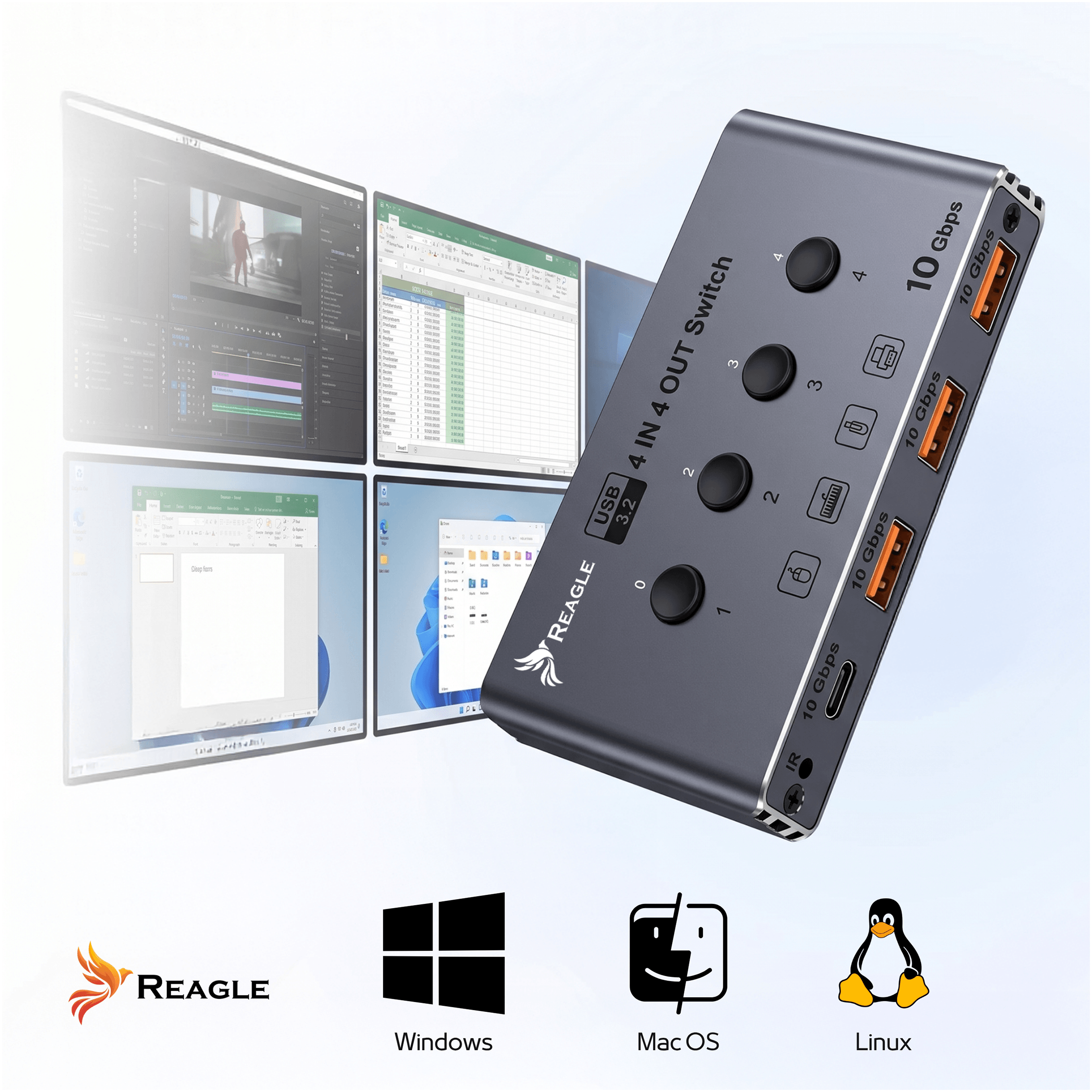 Grauer 4-in-4-out-USB-3.2-Switch mit vier 10-Gbps-Anschlüssen, daneben vier Monitore.