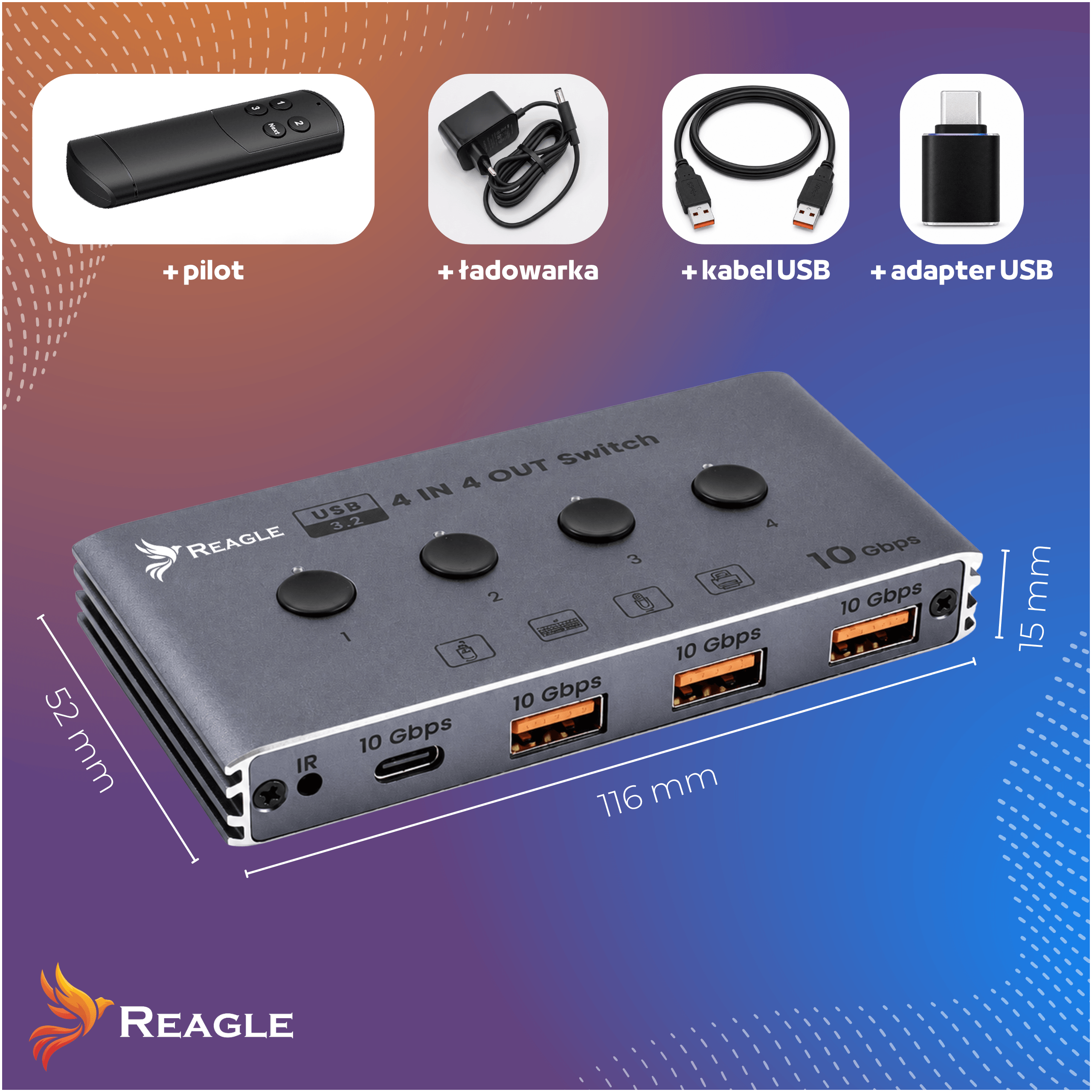 Ein grauer USB-Switch 4-in-4-out mit Fernbedienung, Ladegerät, Kabel und Adapter.