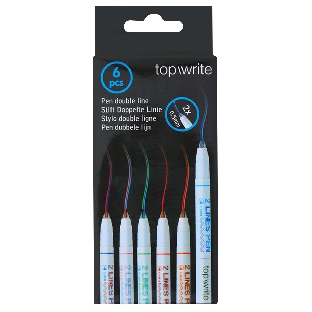 Verpackung mit sechs doppelt linien stiften in verschiedenen Farben, 0,5 mm.