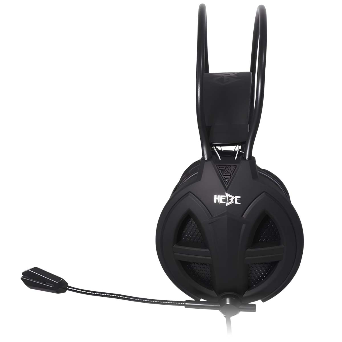 Casque gamer noir avec microphone flexible et le logo 'HEBE' sur l'oreillette.