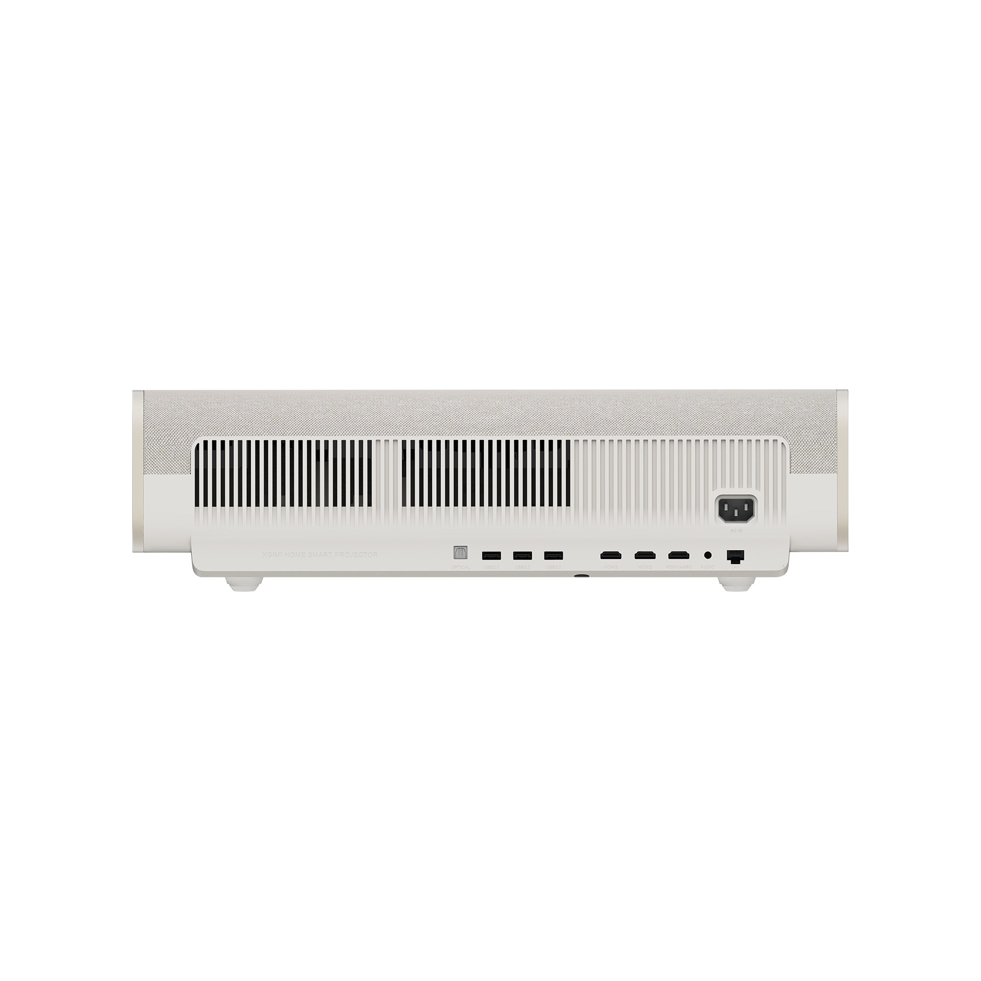 Een witte projector met ventilatieopeningen en poorten aan de achterkant.