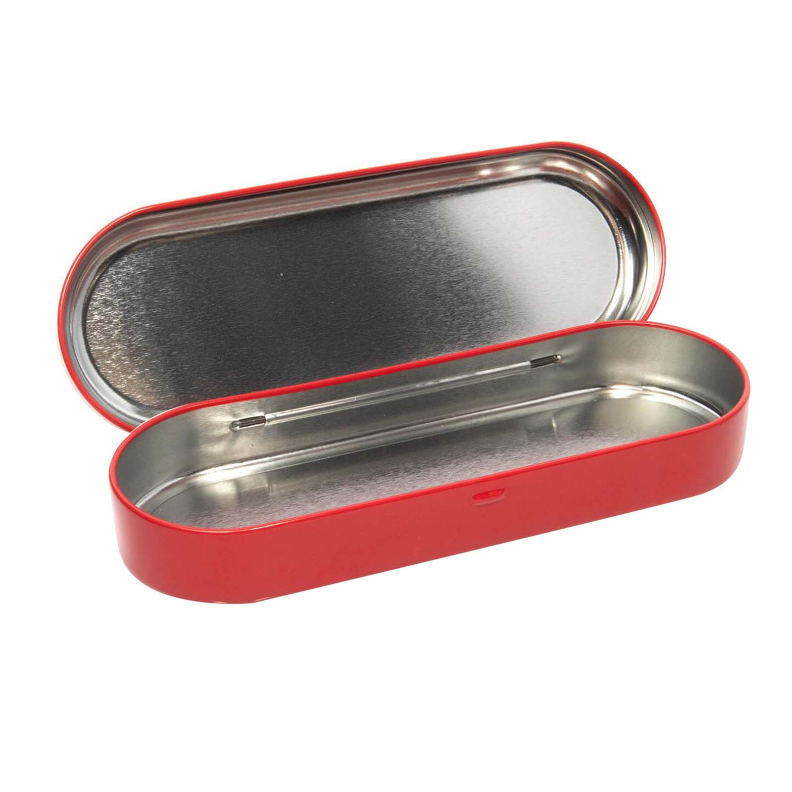 Ein rotes, ovales Metalletui, offen, mit silbernem Inneren.