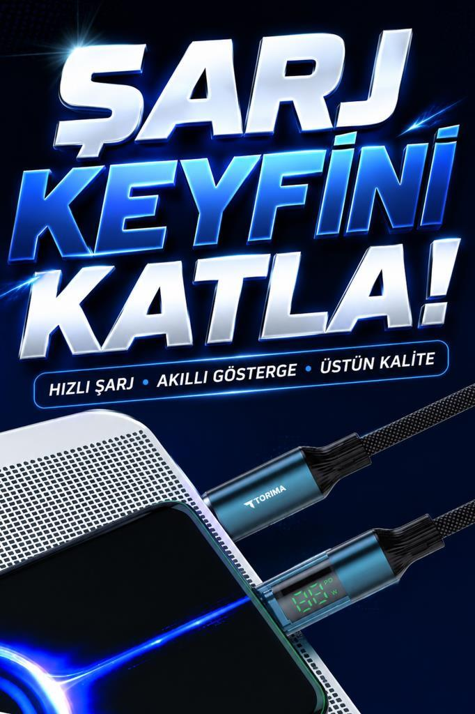 Mavi USB-C kablosu telefon şarj ediyor. Metin: "Şarj Eğlencesini İkiye Katla!"