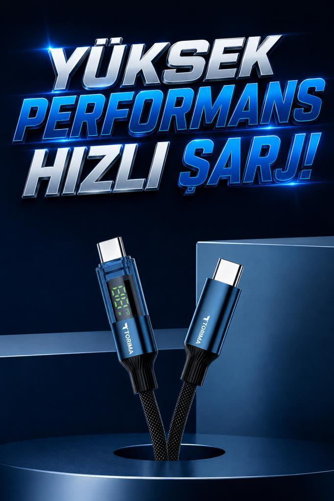 Gümüş konektörlü ve dijital ekranlı iki mavi USB-C kablosu.