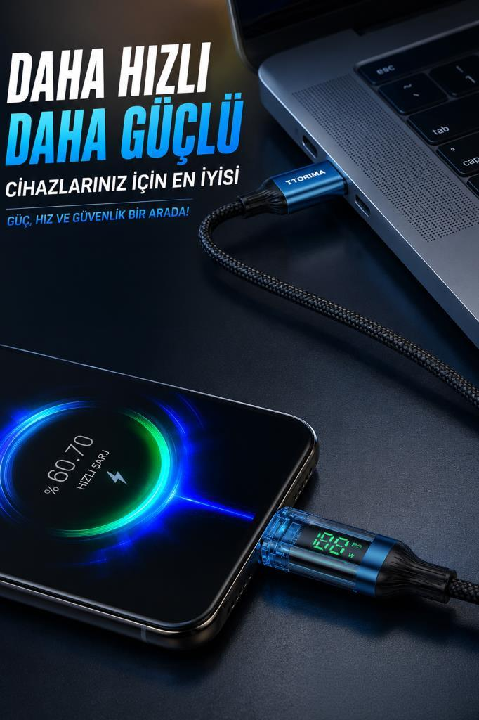 Bir akıllı telefon, dijital ekranı olan mavi bir kabloyla dizüstü bilgisayara bağlanır.