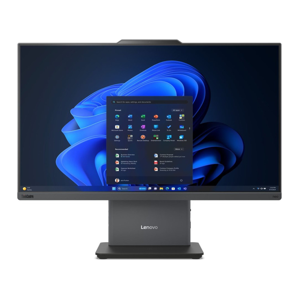 Monitor Lenovo ThinkCentre z menu startowym Windows 11 i niebieską tapetą.
