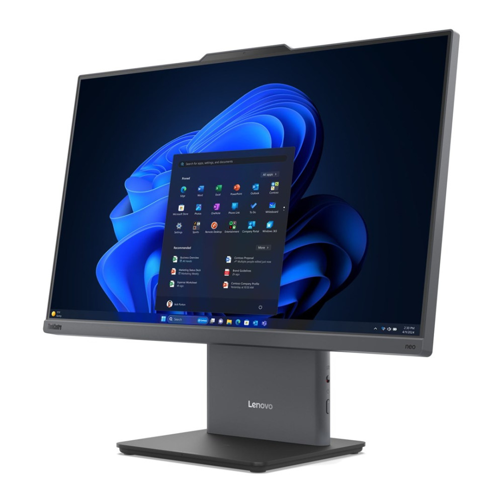 Nowoczesny komputer all-in-one Lenovo na ciemnym tle z niebieskimi falami.