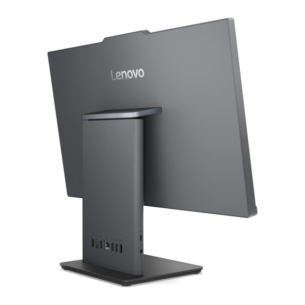 Widok z tyłu szarego komputera Lenovo all-in-one ze srebrną podstawą i portami.