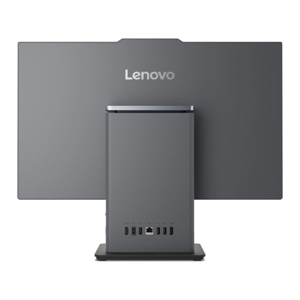Widok z tyłu szarego komputera All-in-One Lenovo z portami u podstawy.