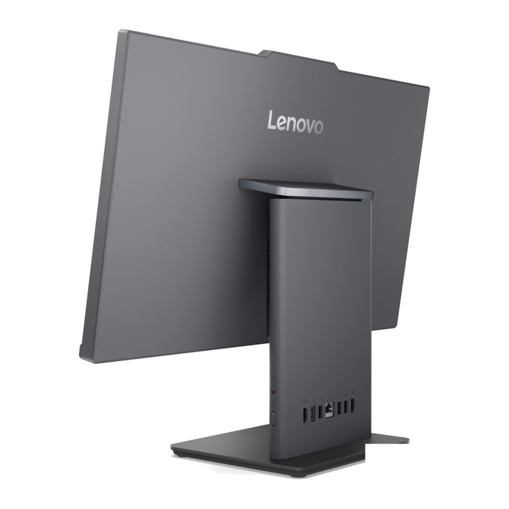 Widok z tyłu szarego monitora Lenovo z portami na stojaku.