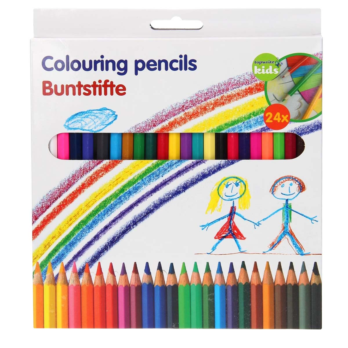 Verpackung mit 24 Buntstiften, Regenbogen-Design und Kinderzeichnung.