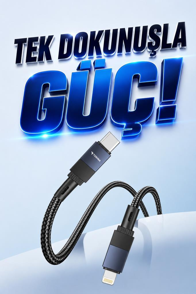 Mavi vurgulu siyah ve gümüş USB-C - Lightning kablosu. Metin: "TEK DOKUNUSLA GUC!"