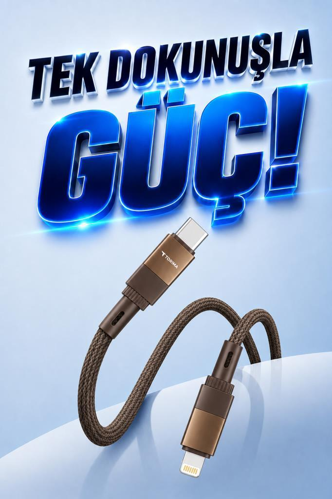 Kahverengi USB-C - Lightning kablosu 'TEK DOKUNUŞLA GÜÇ!' yazılı.