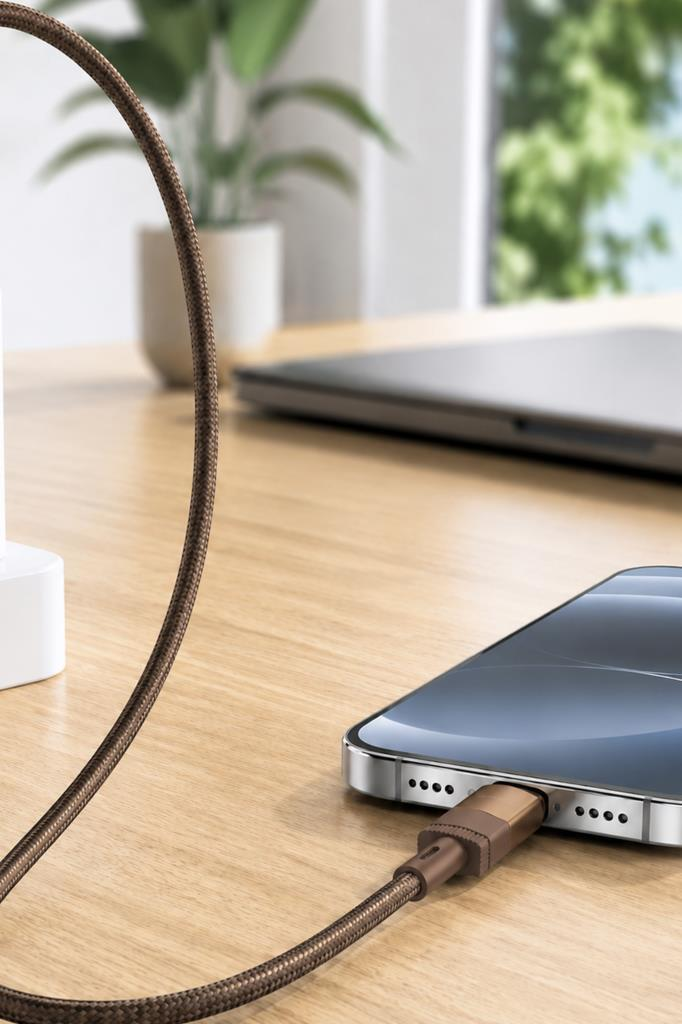 Kahverengi USB-C kablosu ahşap masada bir akıllı telefonu şarj ediyor.