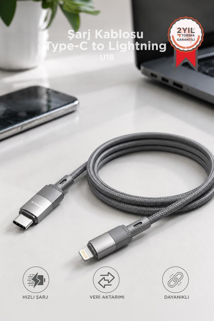 USB-C ve Lightning konnektörlü gri şarj kablosu, hızlı şarj ikonları mevcut.