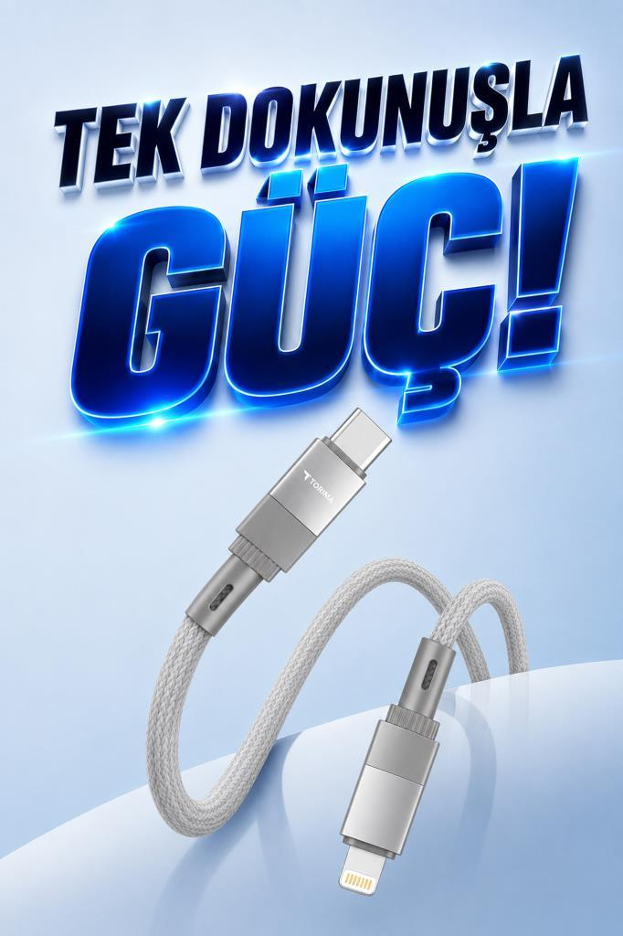 USB-C ve Lightning konnektörlü gümüş şarj kablosu.