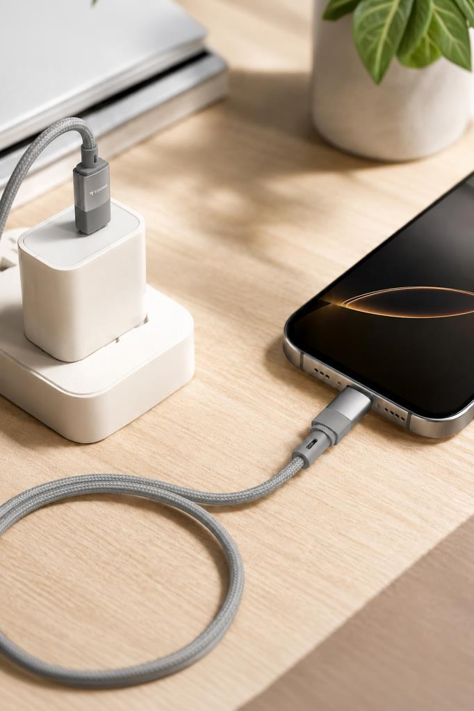 Gri bir şarj kablosu, ahşap bir masa üzerinde akıllı telefonu beyaz bir güç adaptörüne bağlıyor.