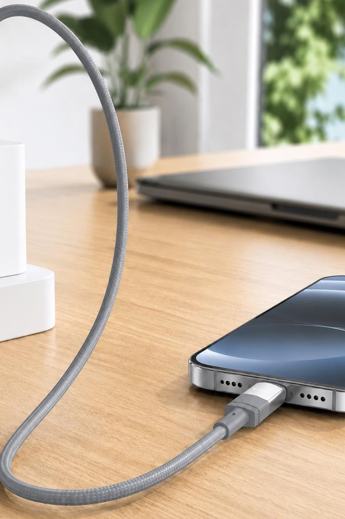 Gri şarj kablosu iPhone'a takılı, laptop arka planda.
