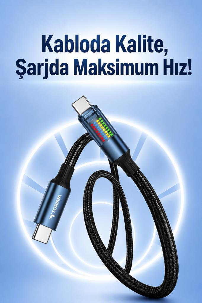 Mavi konektörlü ve şarj göstergeli siyah bir USB-C kablosu.