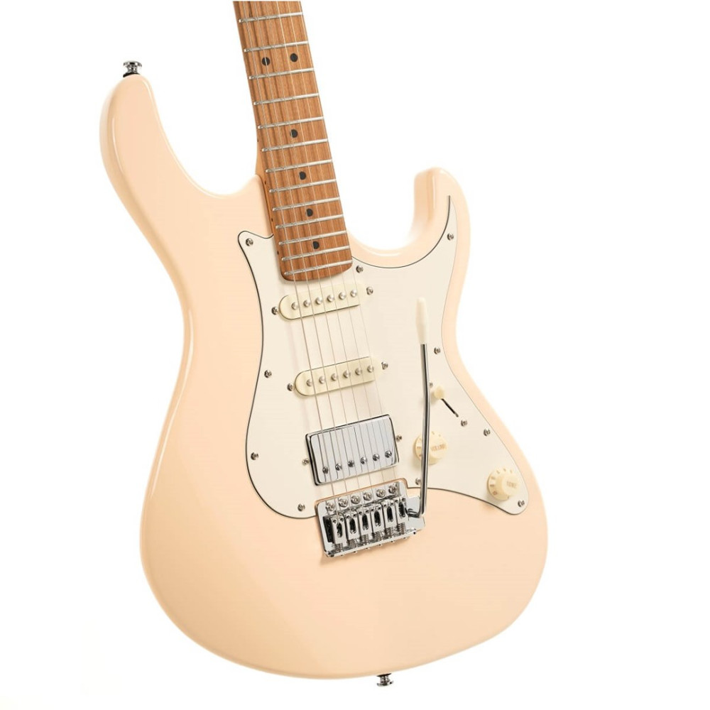 Kremowa gitara elektryczna z klonową szyjką i białymi przetwornikami.