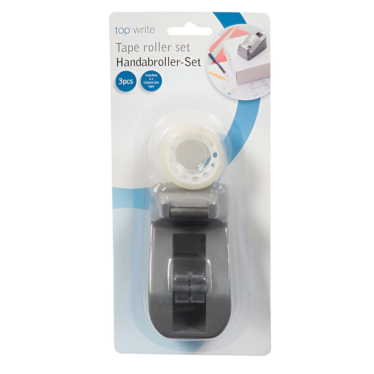 Verpackung eines Klebebandabrollers mit 3 Rollen Klebeband.