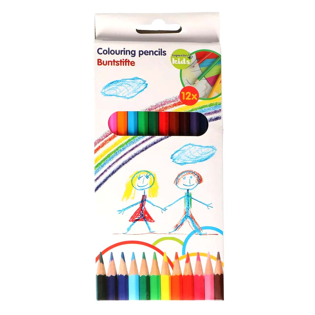 Verpackung mit Buntstiften und Kinderzeichnungen von zwei Kindern, Regenbogenschleifen.