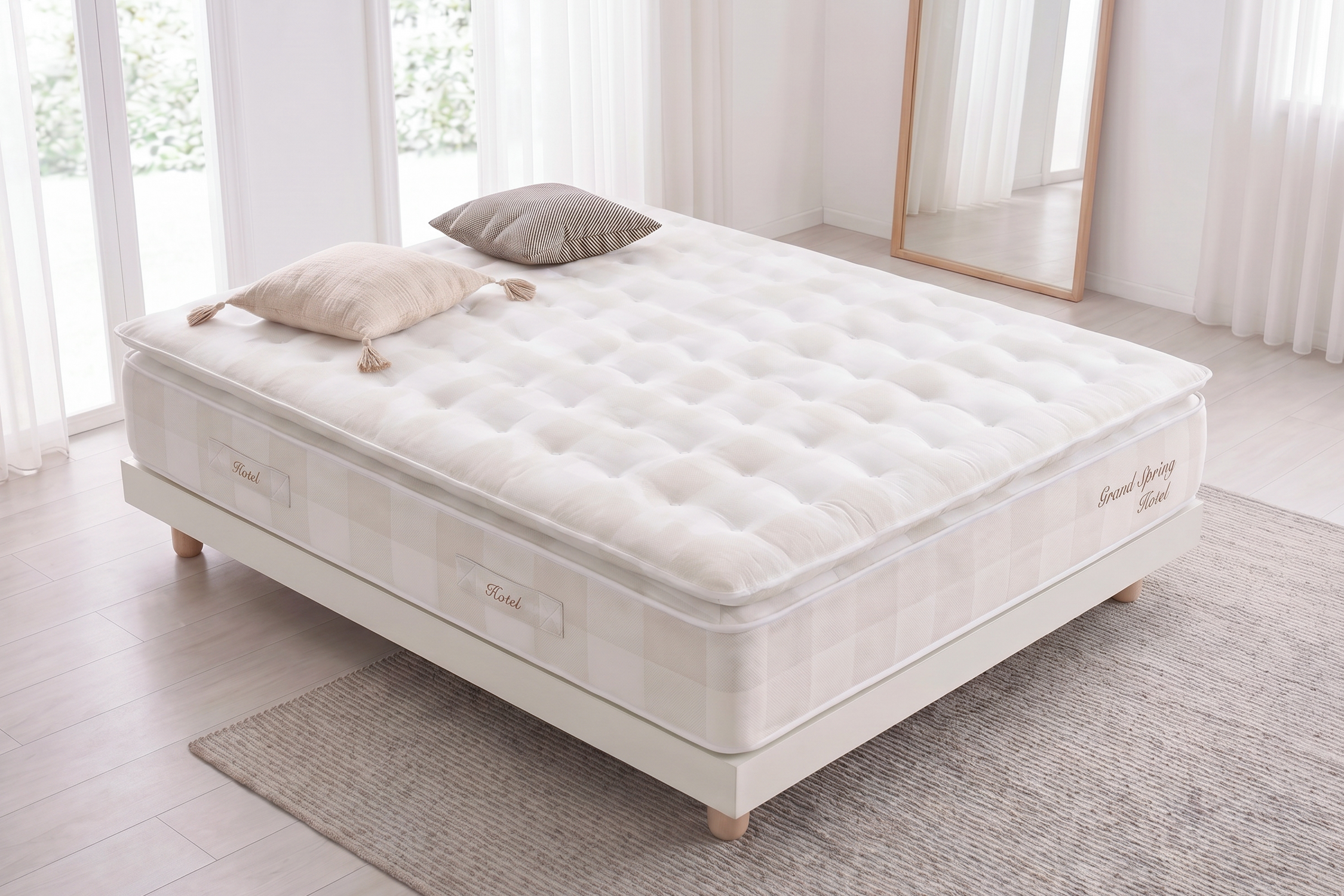 Un colchón blanco con dos almohadas en un somier blanco, en una habitación luminosa.