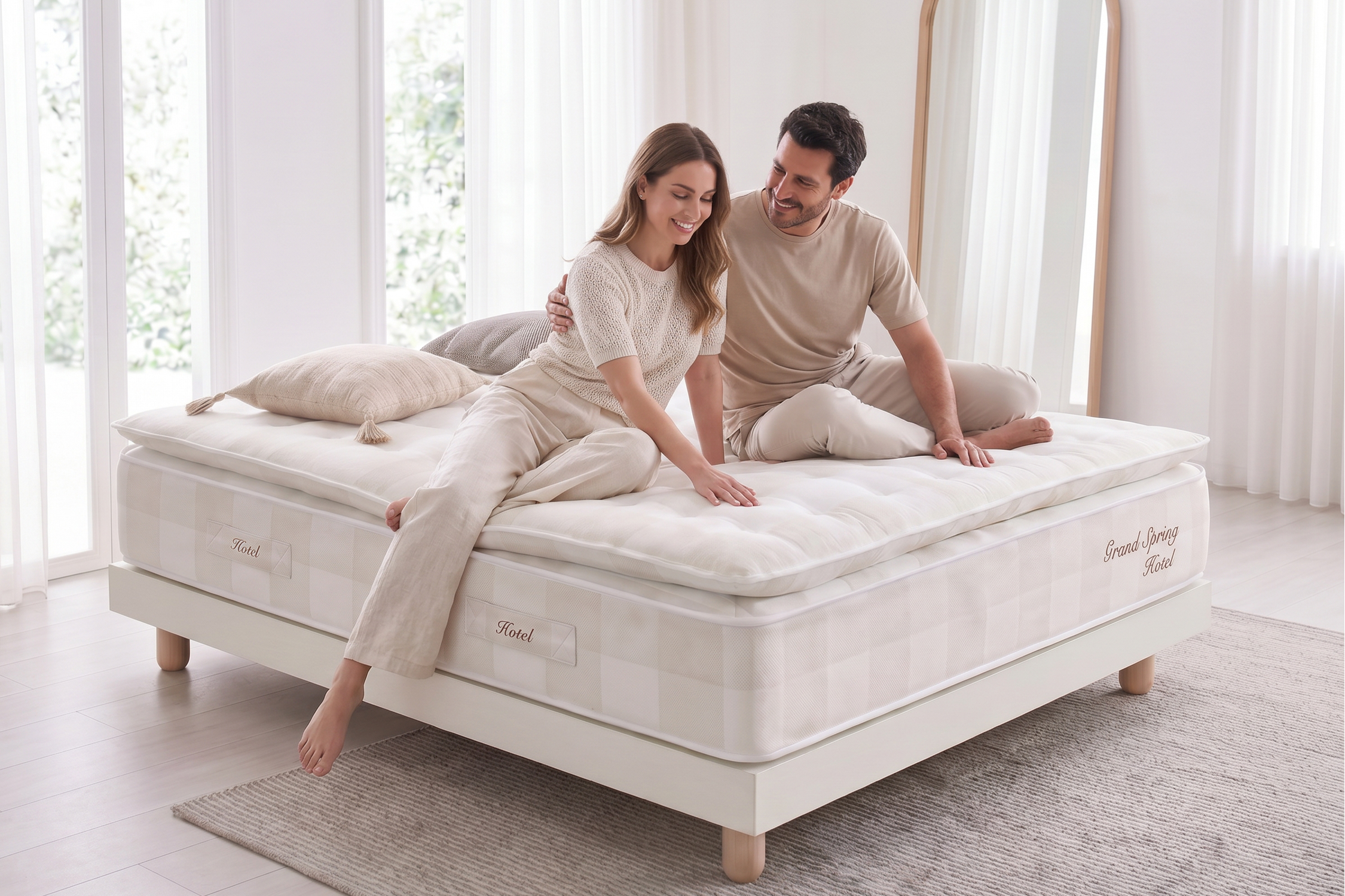 Una pareja se sienta en una cama blanca con un colchón etiquetado como "Hotel".