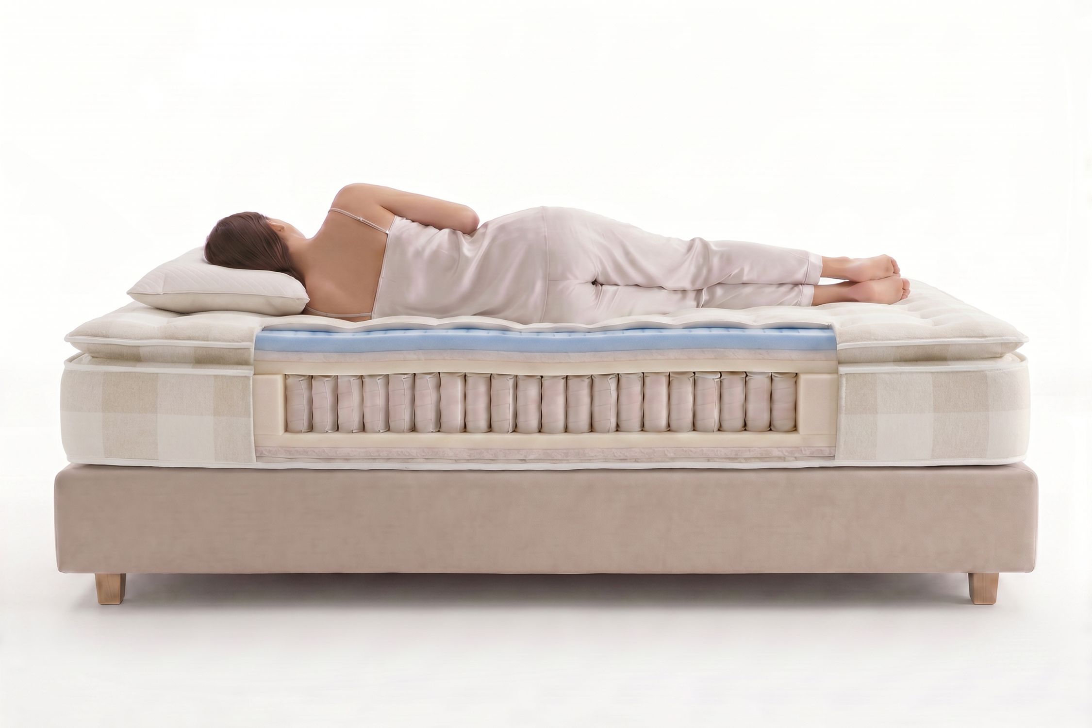 Mujer durmiendo en un colchón que muestra capas de espuma y resortes.