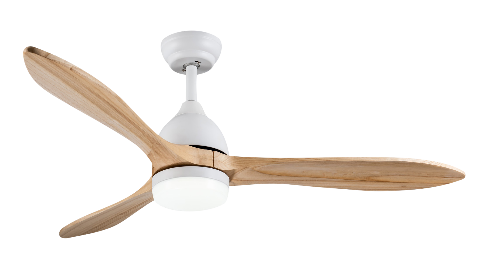Un ventilatore da soffitto bianco con tre pale in legno e un'illuminazione rotonda.