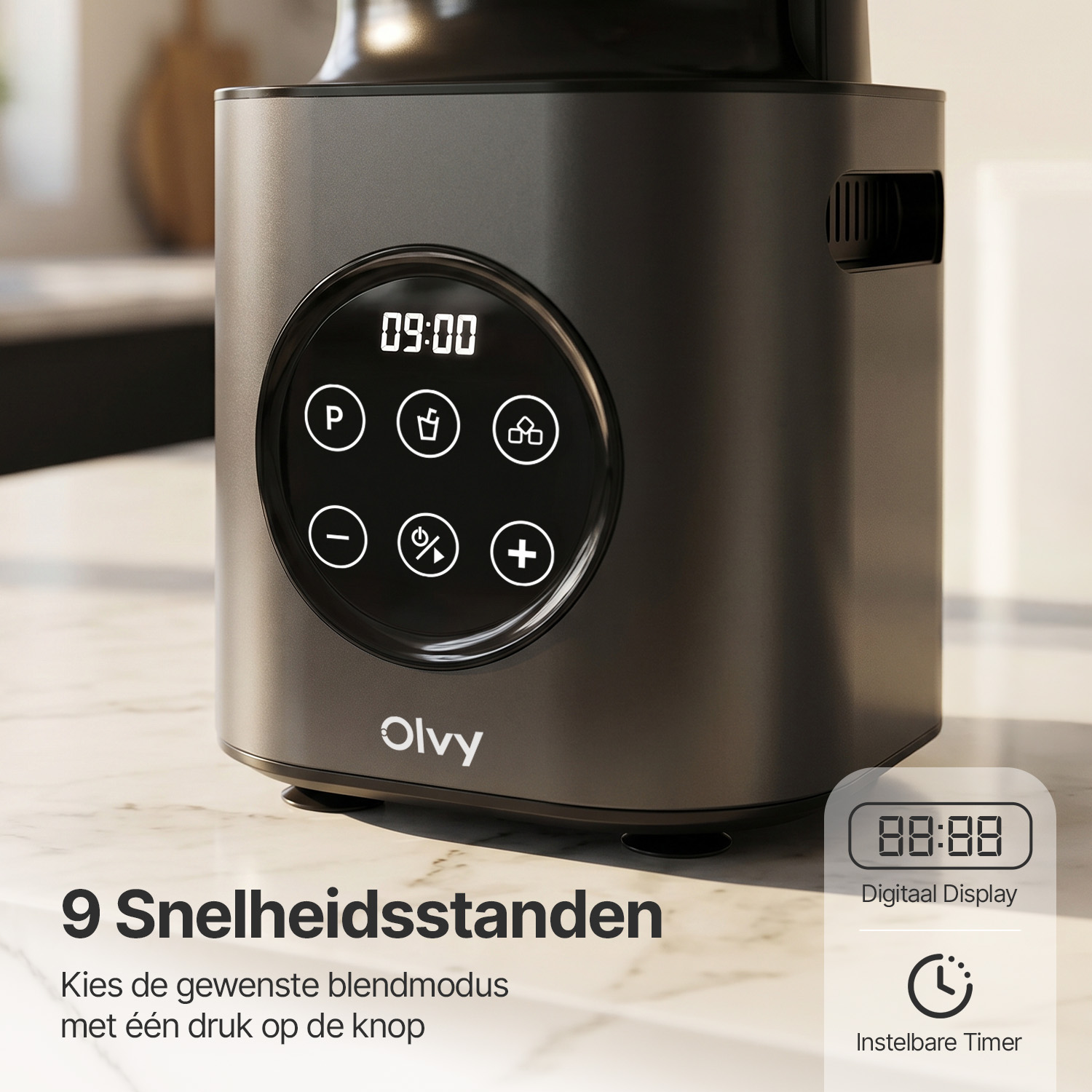 Gray blender with digital display showing 09:00. Buttons for P, -, % and +.