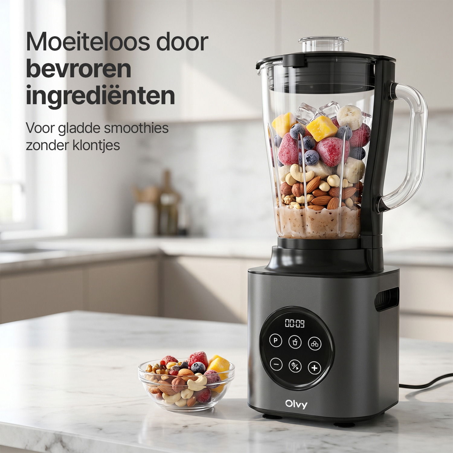 A black blender filled with fruits and nuts, with a bowl of ingredients beside it.