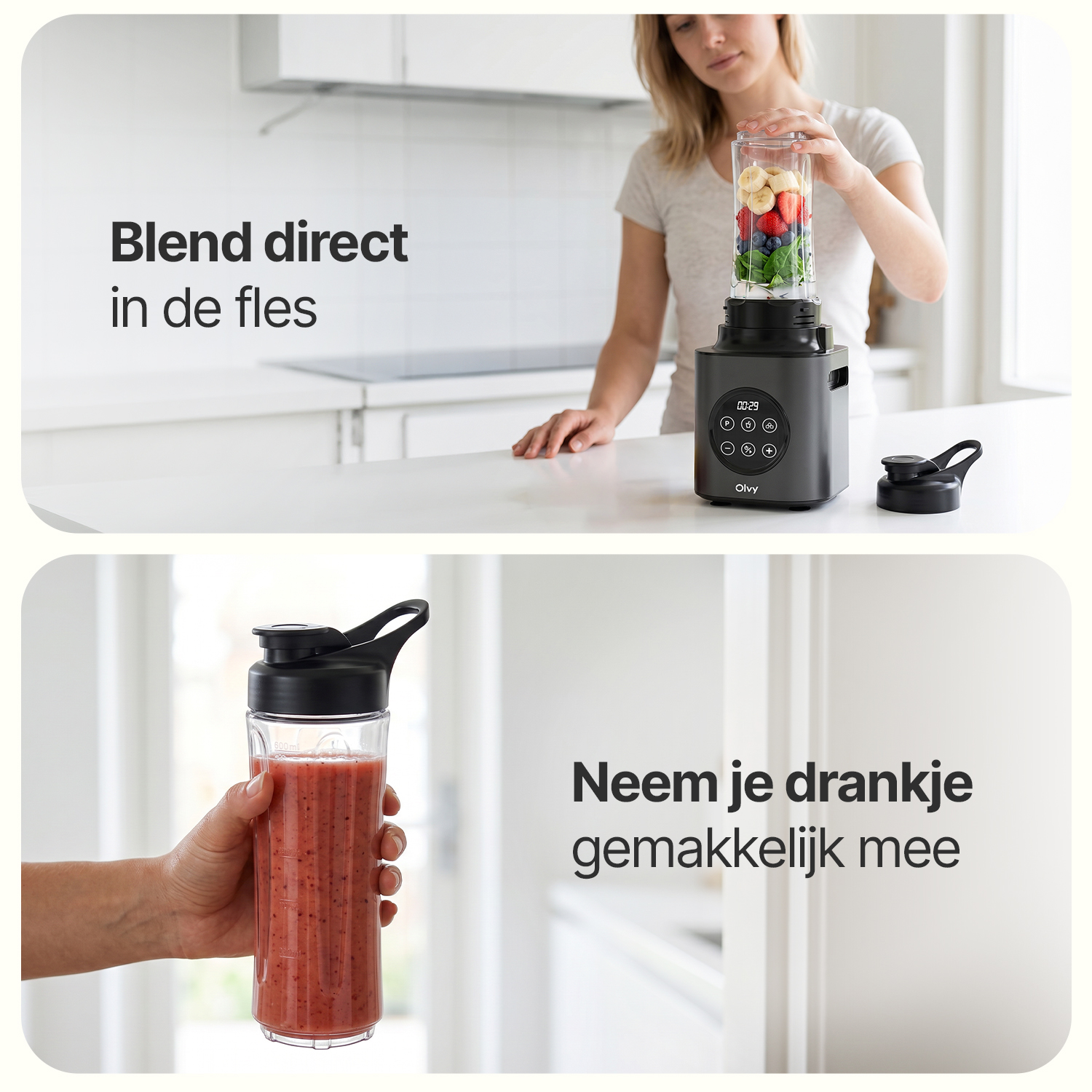 Woman blends fruit & veg in blender; hand holds finished smoothie.