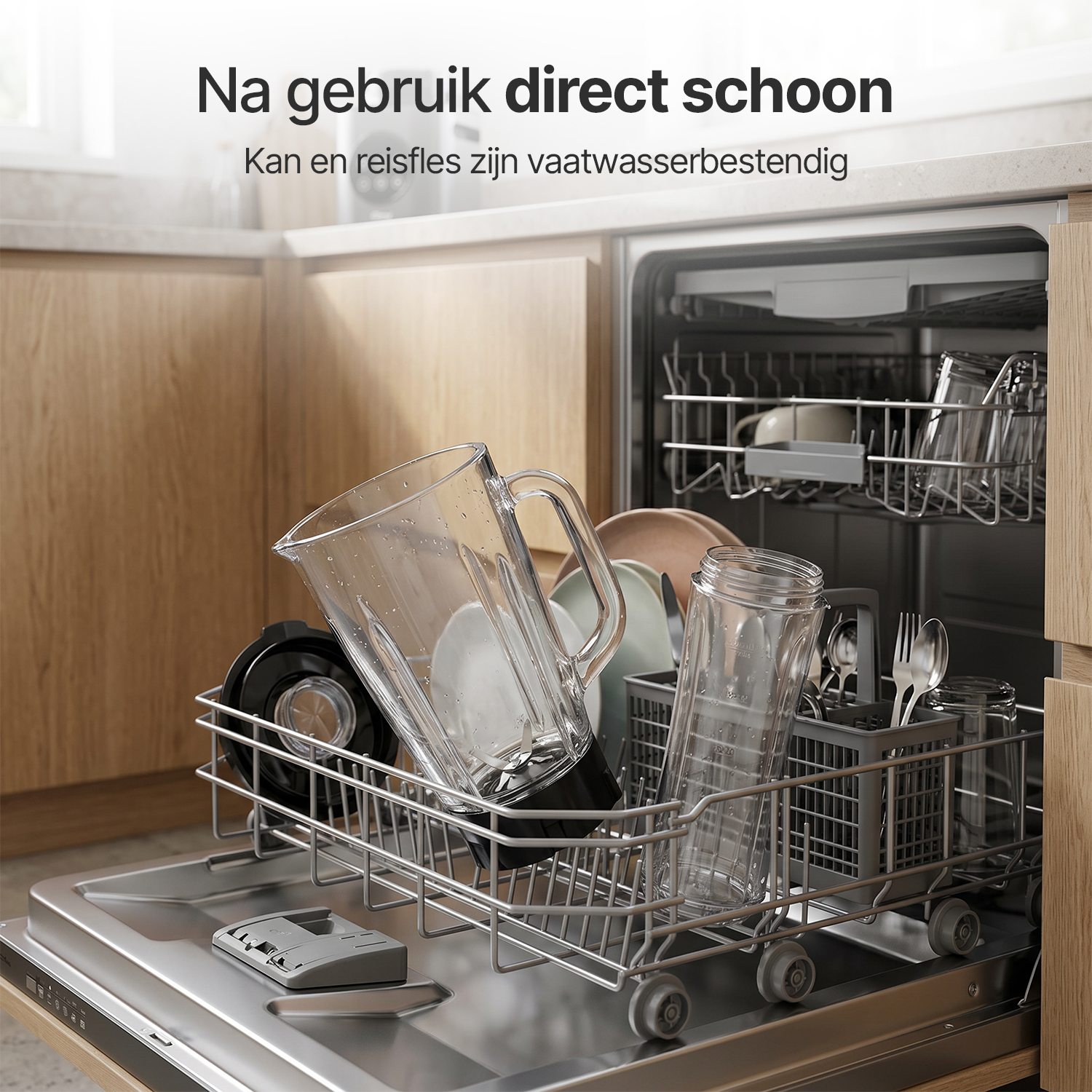 An open dishwasher with a glass pitcher, glasses, and cutlery in the rack.