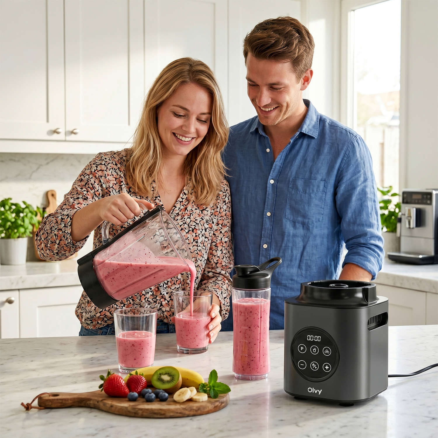 A man and woman pour pink smoothie into glasses, with fruits and blender on counter.