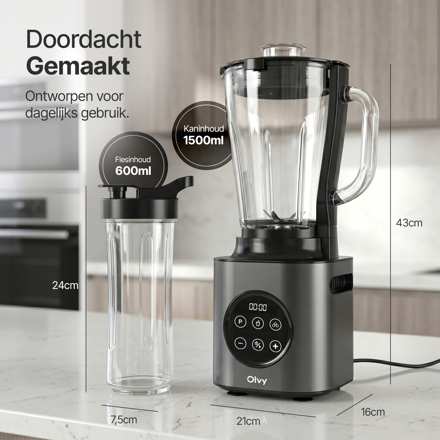 A black blender with a 1500ml glass jug and a 600ml bottle attachment.