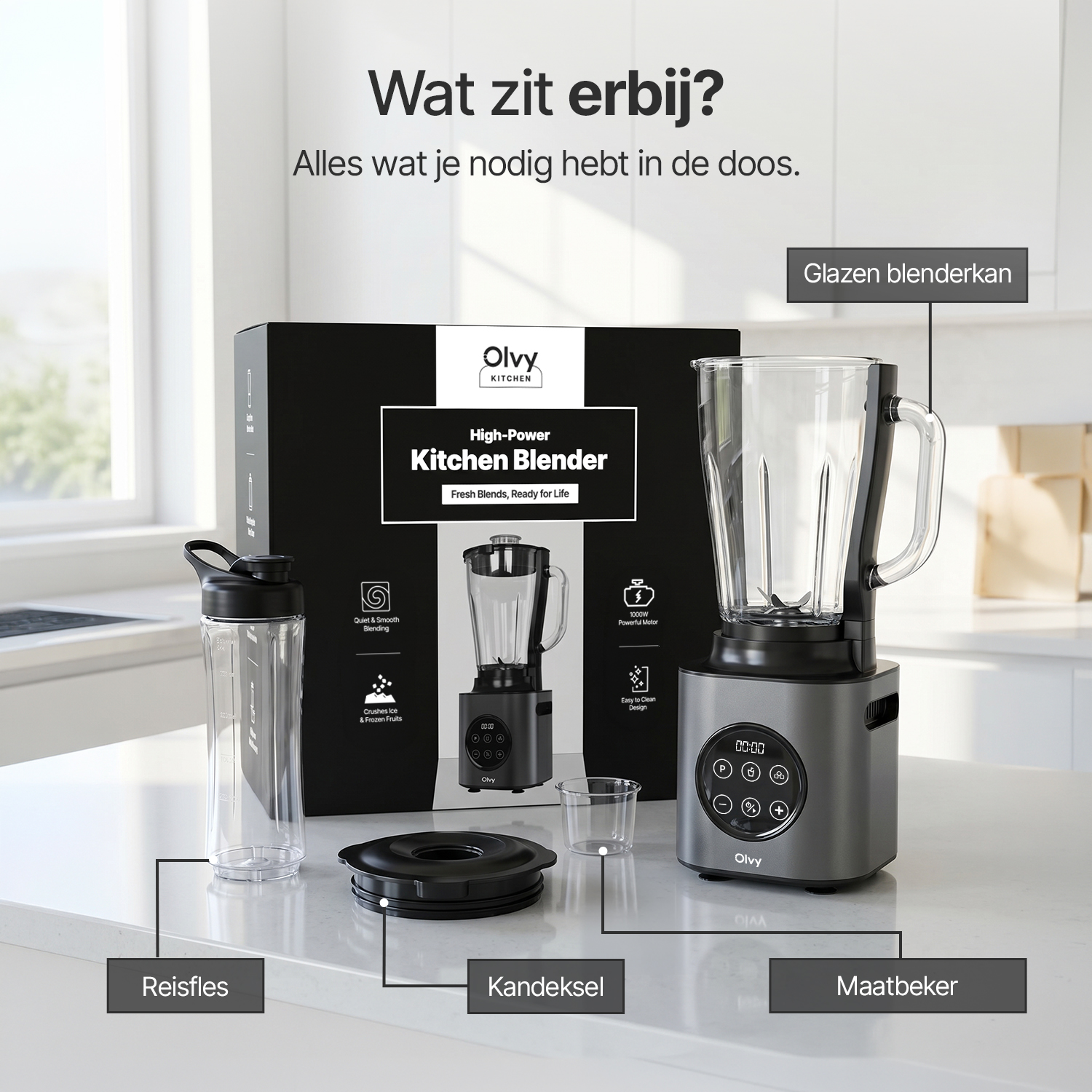 A kitchen blender with accessories: bottle, lid, cup, jug, on a countertop.