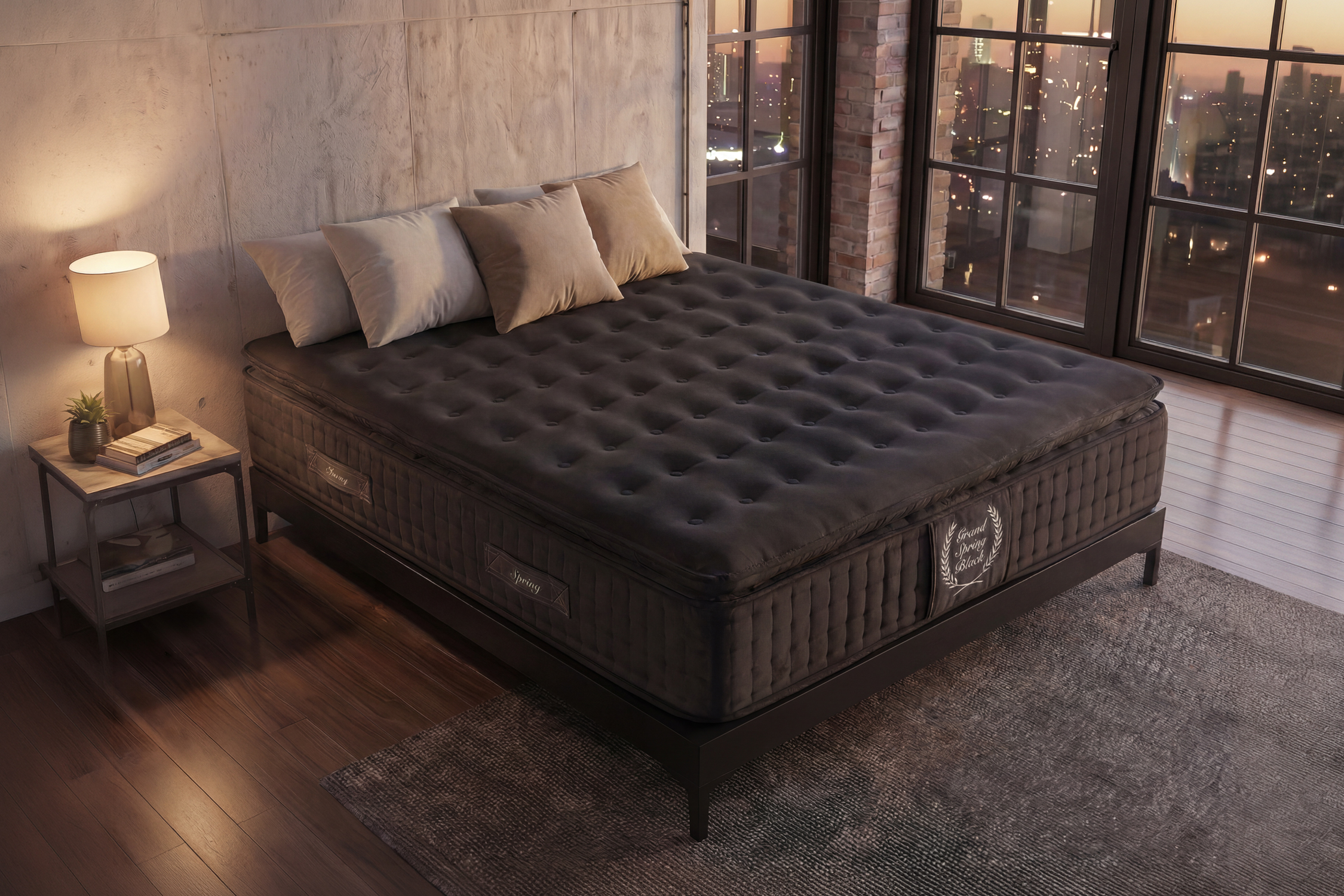 Una cama oscura con tres almohadas en una habitación con suelo de madera y vistas a la ciudad.